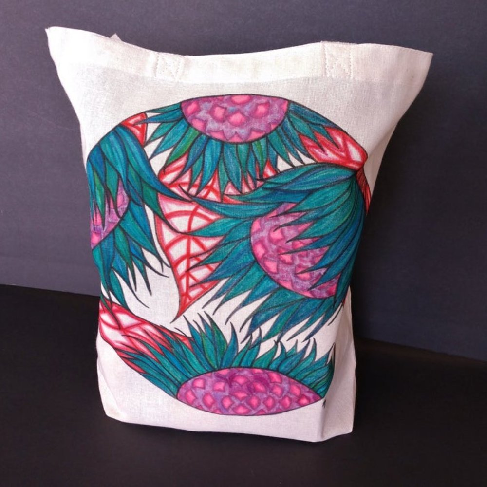Handmade Reusable Tote Bag with Hand Drawn Green Sunflowers with Red Leaves NWT - Picture 6 of 16